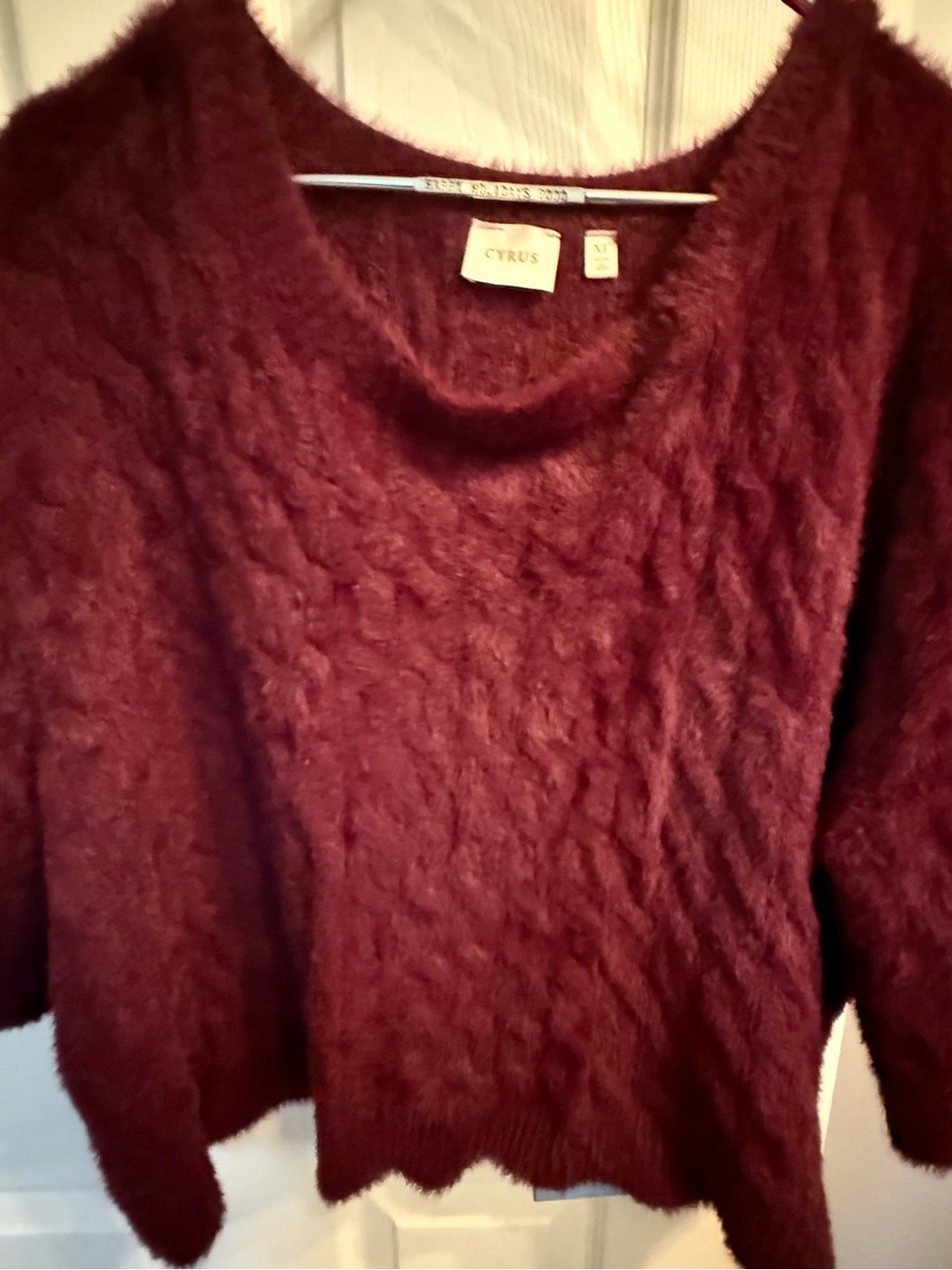 Cyrus Women's Burgundy Fuzzy Crewneck Sweater. Warning people will want to touch